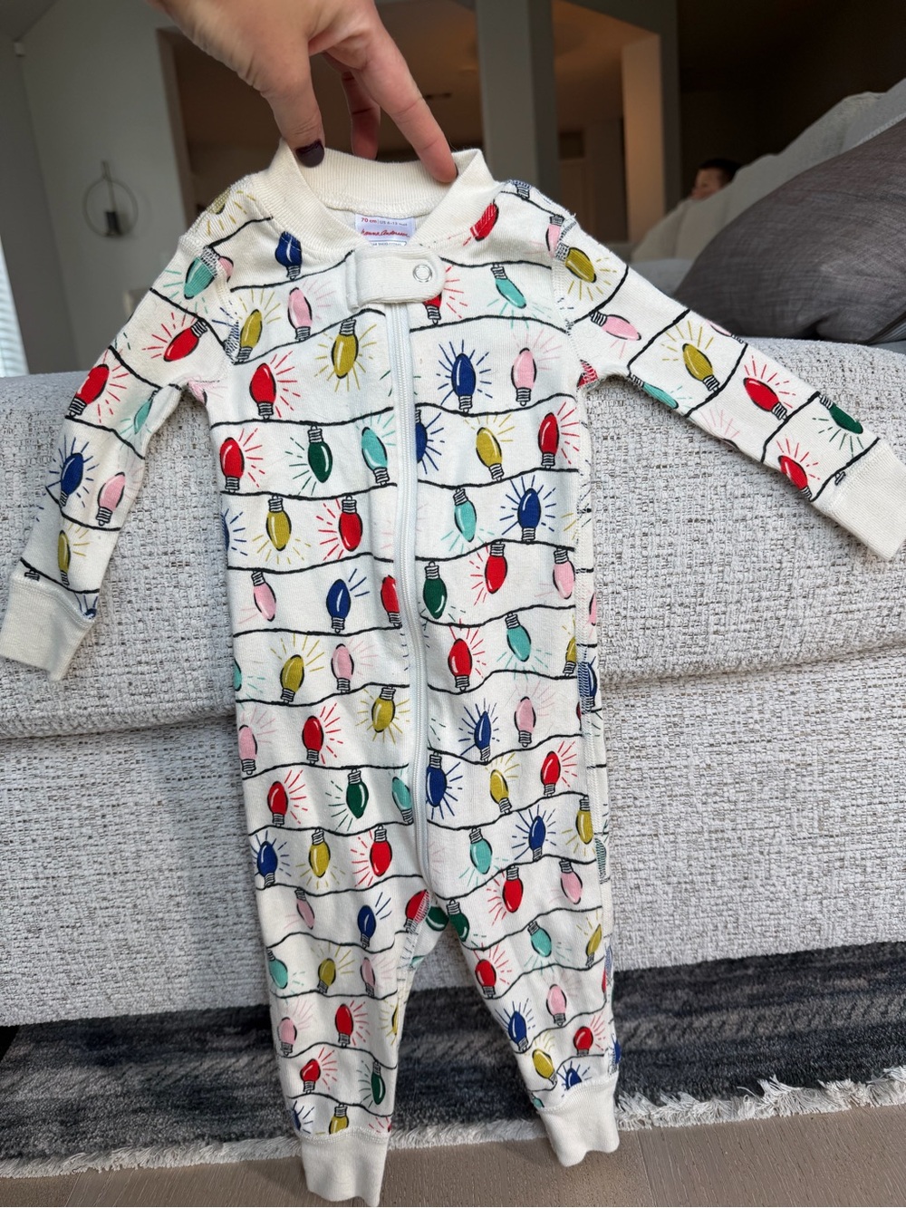 Hanna Andersson Holiday Light Print Long sleeve Onepiece with zip closure